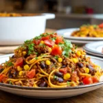 A plate of One Pot Taco Spaghetti topped with fresh cilantro and diced tomatoes, set on a rustic wooden table with a pot of pasta in the background.
