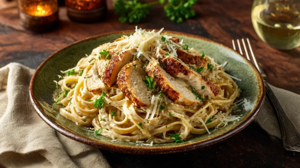 A rustic ceramic plate of creamy Cajun chicken pasta topped with golden, spice-crusted chicken slices, garnished with parsley and parmesan, served with a fork and a glass of white wine on a wooden table.