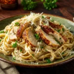 A rustic ceramic plate of creamy Cajun chicken pasta topped with golden, spice-crusted chicken slices, garnished with parsley and parmesan, served with a fork and a glass of white wine on a wooden table.